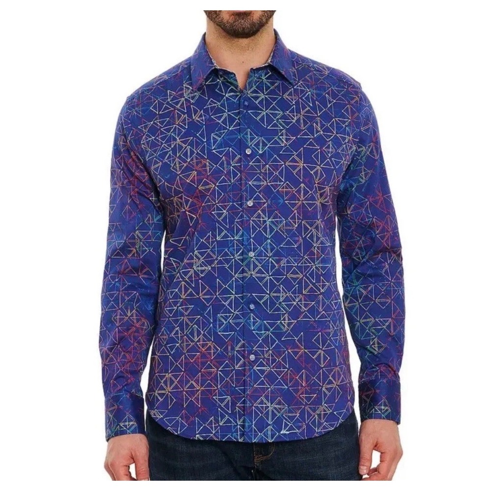 Robert Graham Santiago Classic Fit Blue Multi Geometric Shirt RR211027CF NEW M